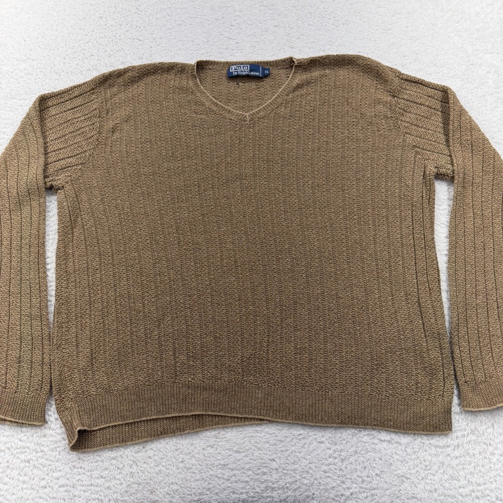 Polo by Ralph Lauren Men's XL V-Neck Knit Sweater Tan‎ Long Sleeve